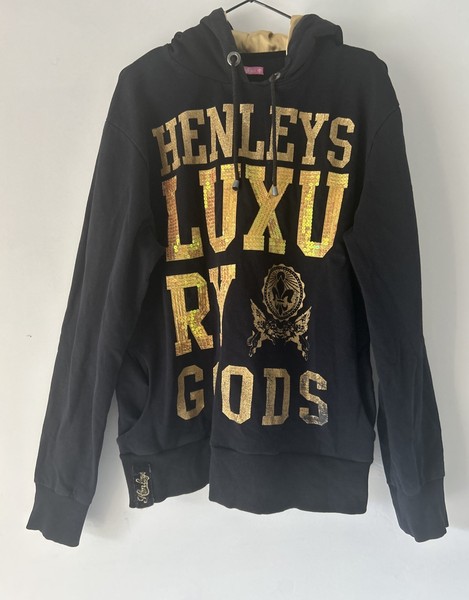 Henleys Hoodie Black Gold Sequin Luxury Goods Print Sweatshirt Top Size 3 UK 10