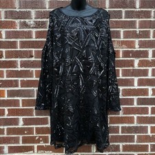 Boohoo Shift Dress Sz 18 Long Sleeve Cold Shoulder Open back Bow Sequin Black