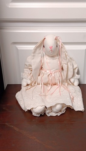 Handmade Stuffed Rabbit Doll Large Embroidered Face Cream Eyelet Dress READ