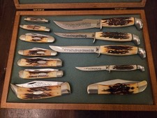 12pc 1977 CASE XX BLUE SCROLL STAG HANDLE POCKET KNIFE SET RARE COLLECTION