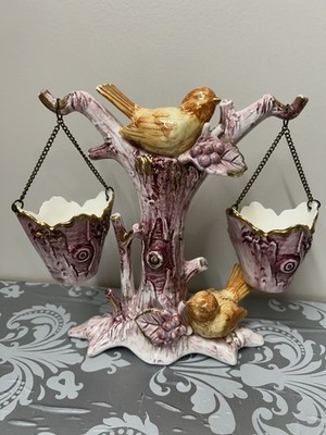 Vintage Ucagco Figurine Canary Birds on a Tree w/Basket Nest Beautiful!