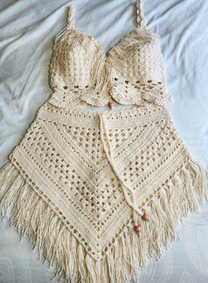Handmade Crochet Blush Skirt Set Boho Fringe Beach Cover Up One Size C3