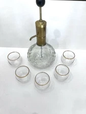 Vintage Park Sherman Liquor Dispenser Set with Brass Pump and 6 Gold Rim Glasses