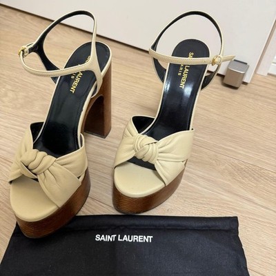 YSL Saint Laurent Wood Platform Heel Sandal Beige Leather Women's 38 US8