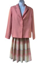 Vintage Pendleton Pink Plaid Wool Midi Skirt Blazer Suit Set Size 14