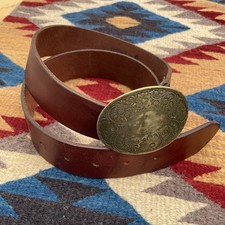VTG OLD NAVY England M 30-35" Holes Western Boho Brown Leather Belt Oval Buckle