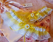 Handmade Daisy Yellow  White Satin Lace Organza Wedding Bridal Garter Toss Set