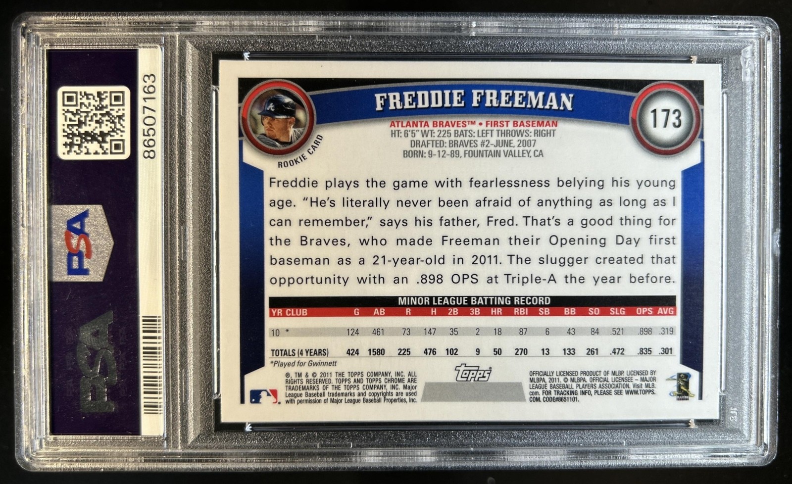 2011 Topps Chrome Freddie Freeman RC Refractor #173 Braves PSA 9 Rookie view 2