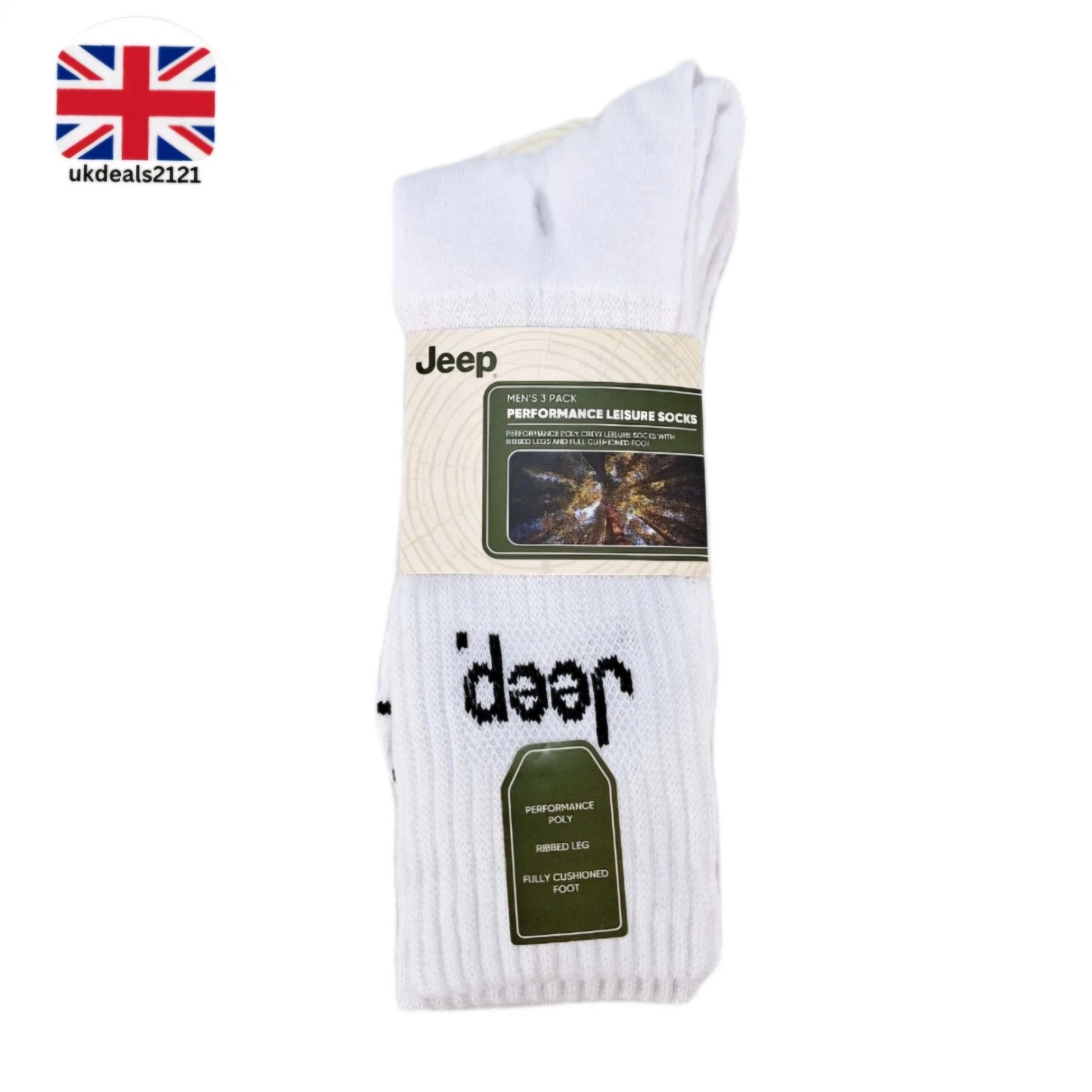 Jeep Mens Boot Socks 3 Pairs White Size 6–11 Cushioned Hiking & Sports Walking