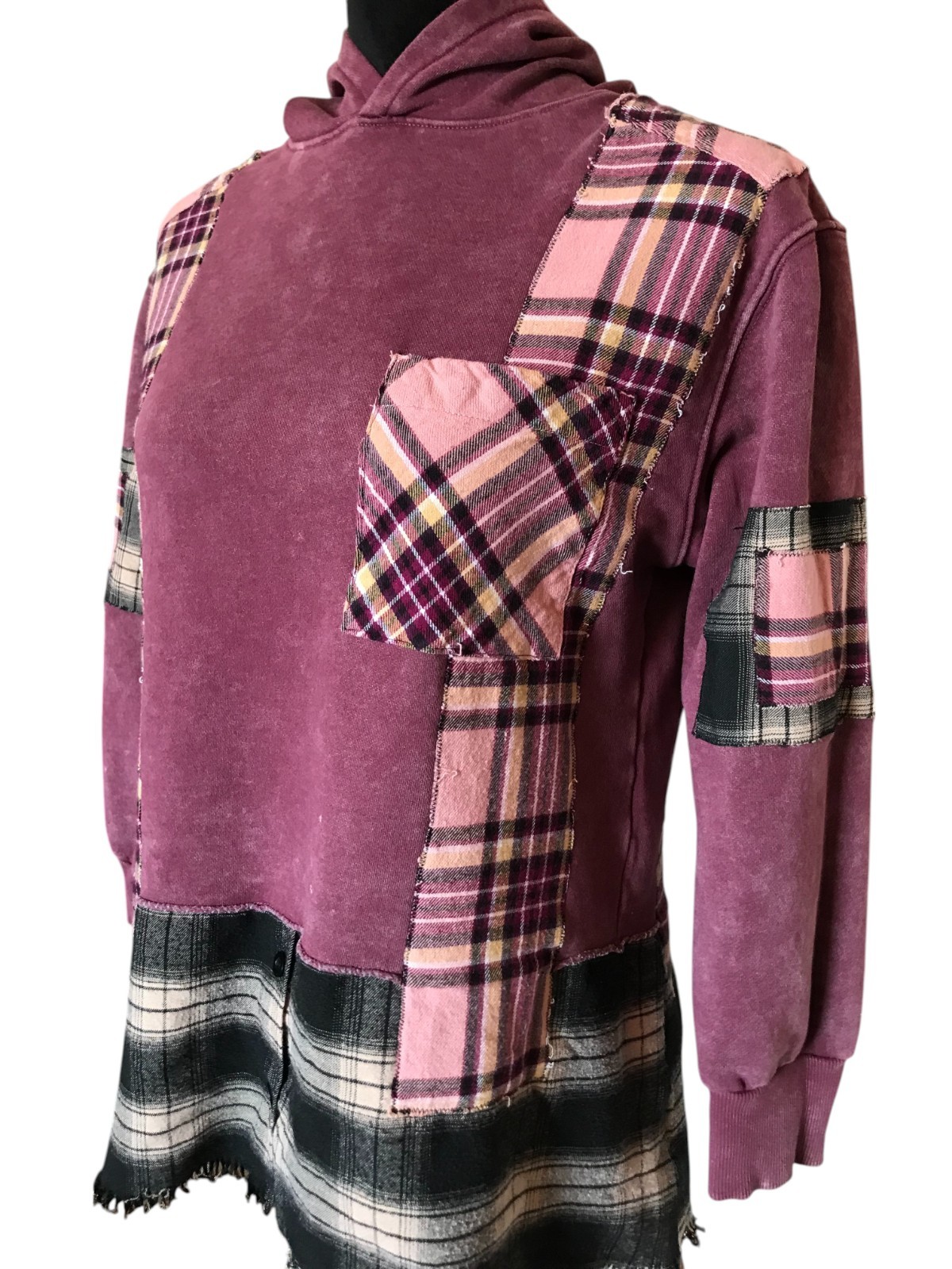 Upcycled Patchwork Hoodie: Distressed Magenta Pla… - image 4