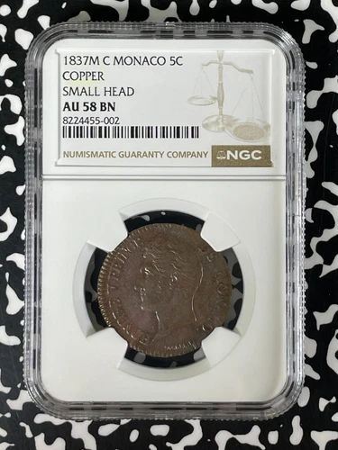 1837-M Monaco 5 Centimes NGC AU58BN Lot#G168 Small Head Variety
