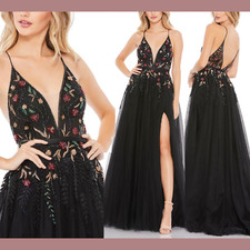 NWT $798 Mac Duggal [ 2 ] Floral Beaded Plunging V-Neck A Line Gown Black #J52