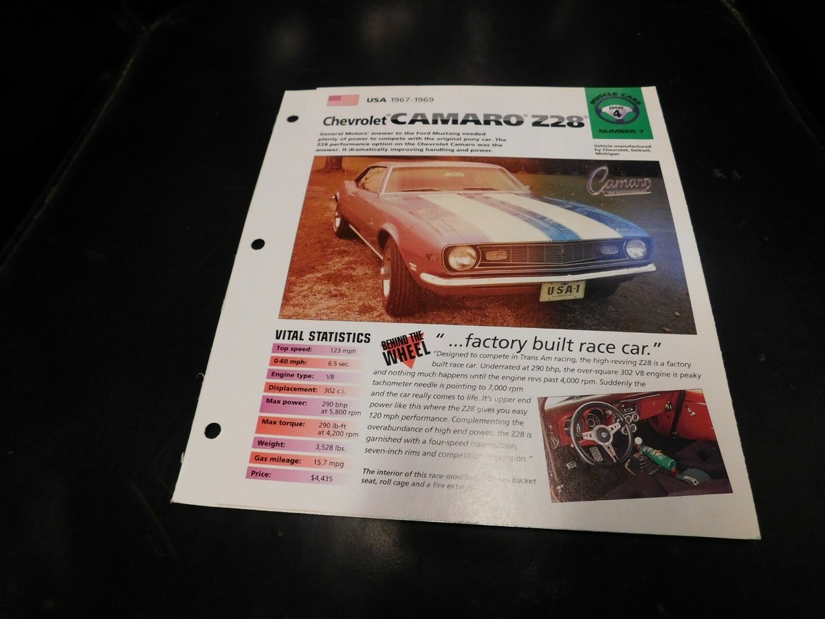 1967-1969 Chevrolet Camaro Z28 Spec Sheet Brochure Photo Poster