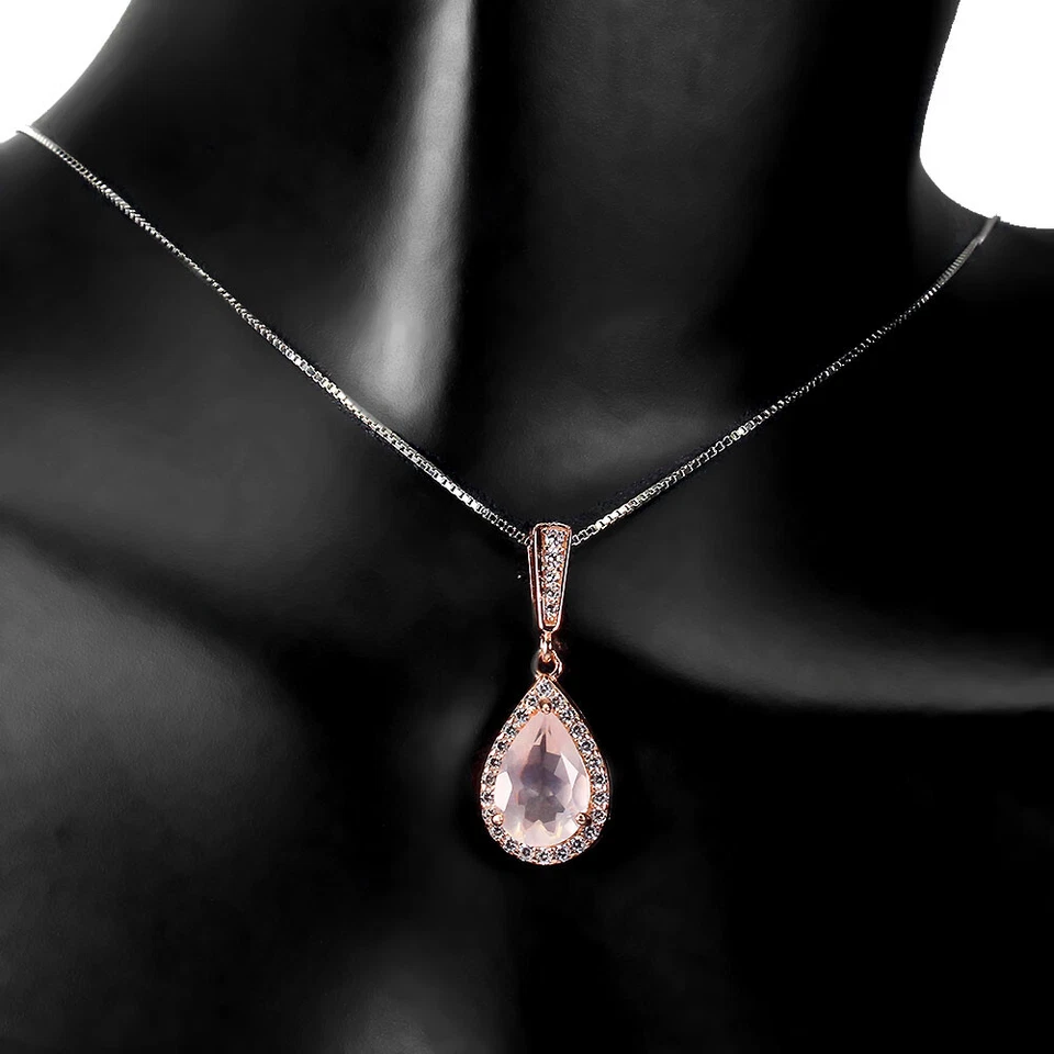 Collana In Argento Sterling 925 Con Quarzo Rosa Simulato Cz 9x6mm 18 - Immagine 2 di 4