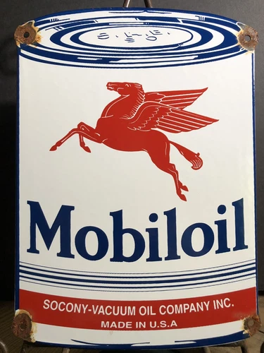 VINTAGE MOBILOIL MOTOR OIL CAN PORCELAIN MOBIL GAS SIGN RED BAND
