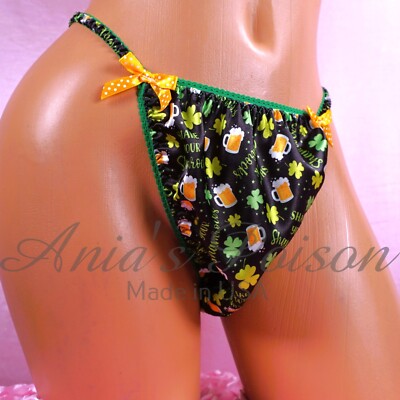 Sissy Satin Panties for MEN - St. Patricks Beer Shamrocks Green string Bikini
