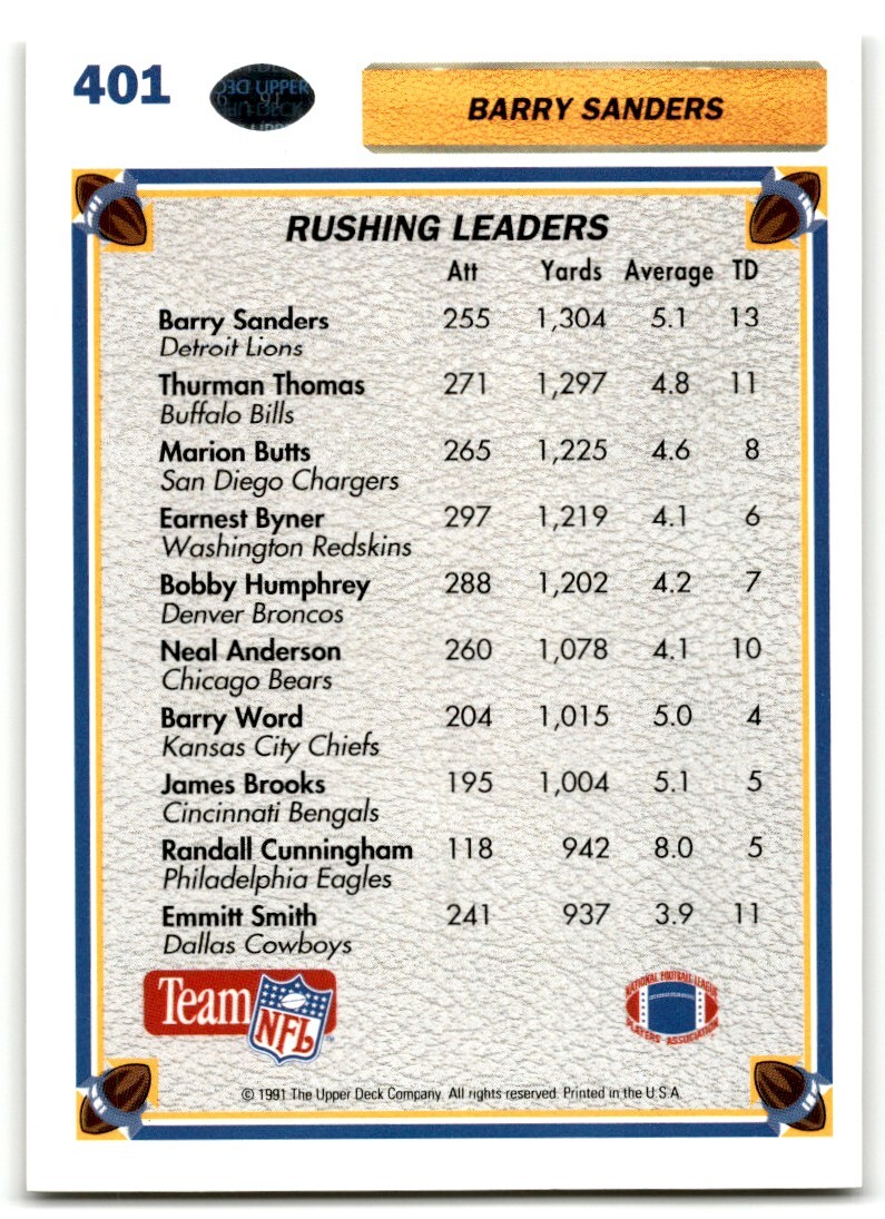 1991 Upper Deck Barry Sanders Detroit Lions 401 eBay
