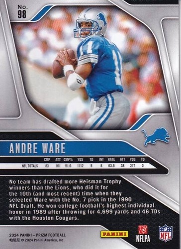 2024 Panini Prizm - Andre Ware #98 - Lions - Picture 3 of 3