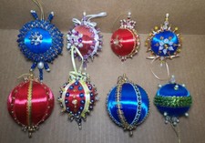 Lot of 8 Vtg Beaded Push Pin Hand Made Christmas Ornaments Red/Blue Satin Balls