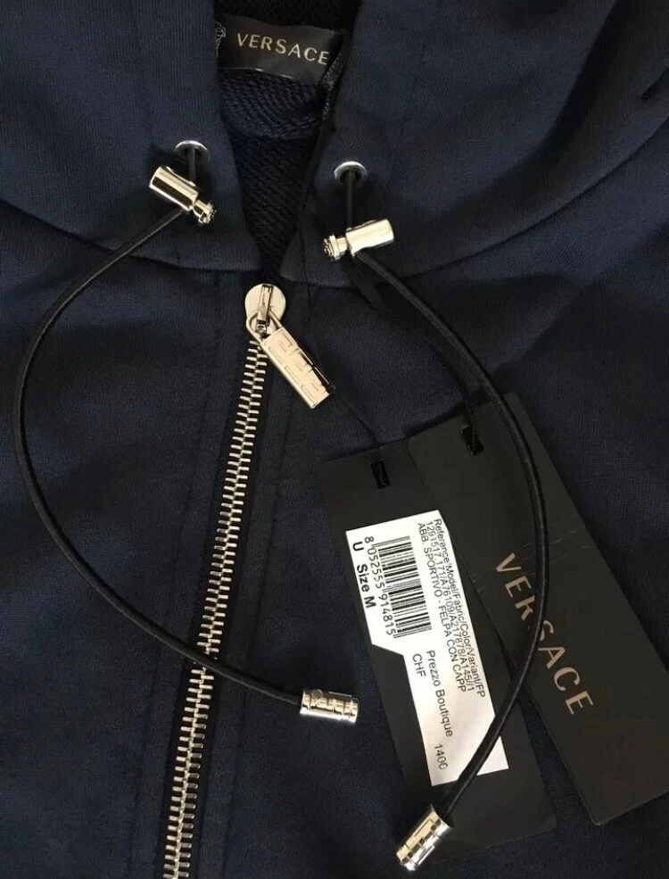 £1.275 VERSACE Giacca con Felpa con Cappuccio Logo Medusa Velluto In Goffiato Blu Made In Italy