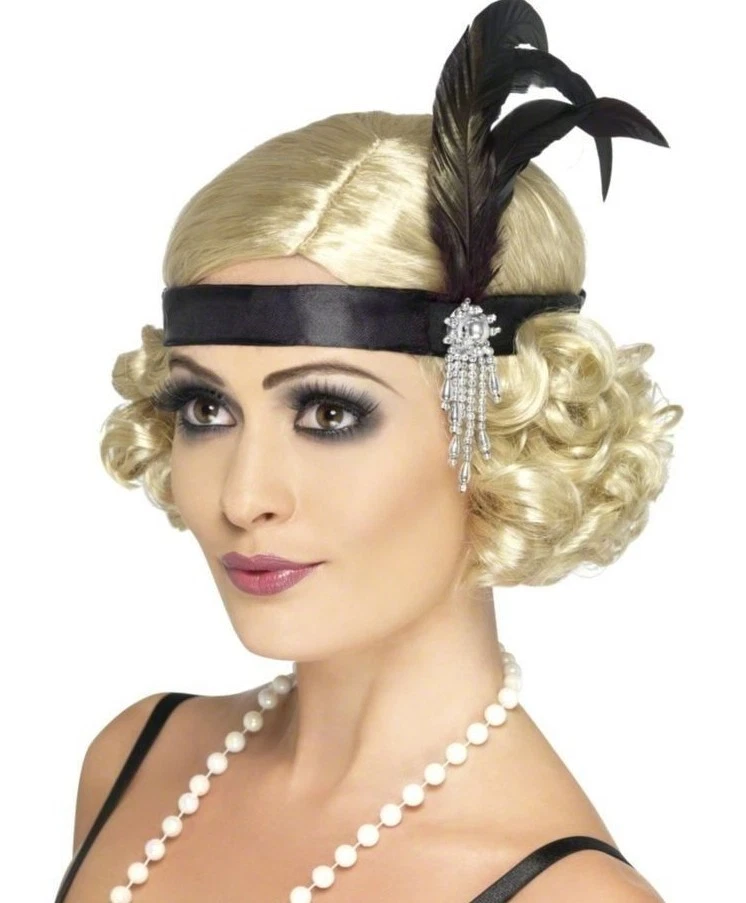 Deluxe BLACK Flapper Headpiece Feather Womens Headband Head Band 20s Costume NEW