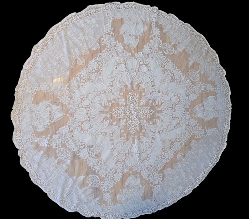 Vintage Figural Lace Round Tablecloth Thanksgiving Boat Fruit Pilgrim 67 Inch