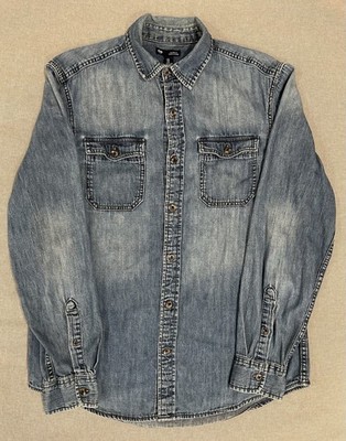 Gap Denim Shirt Mens M Medium Wash Blue Classic Chambray Button Up Flap Pockets
