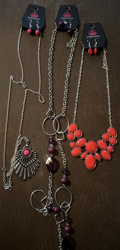 Lot Of 3 Matching Paparazzi Necklaces & Earrings Pink & Purple Orange 