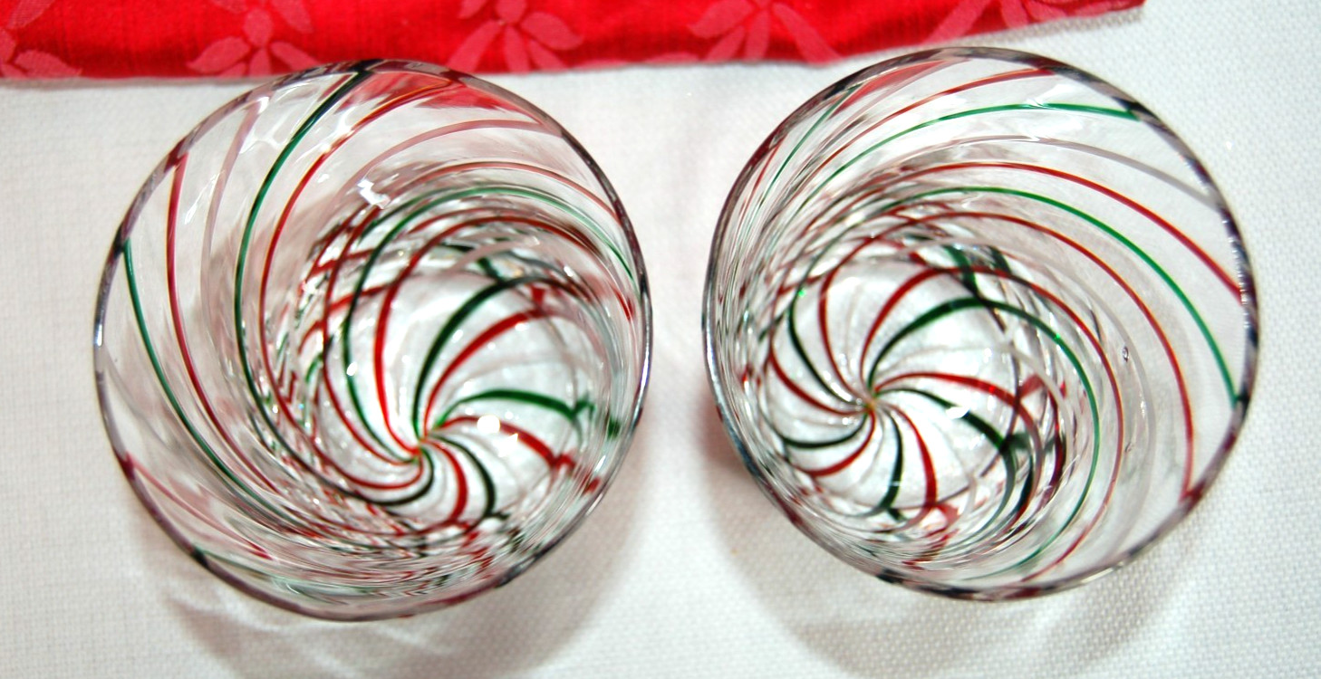 Set of 2 MCM Double Old Fashion Christmas Glasses Red Green White Swirl