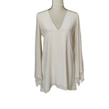 Stone Cold Fox Women's Boardwalk Ivory Silk Low V Dress Bell Crochet Lace Sleeve