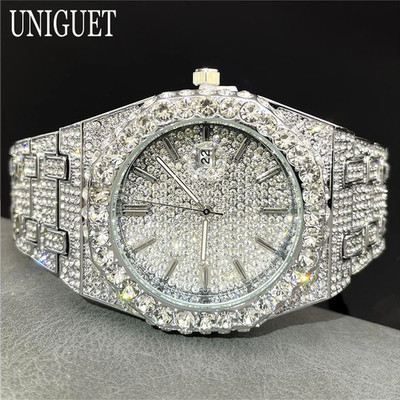 UNIGUET Fashion Iced Out Silber Herrenuhr Luxus Kalender Wasserdicht Uhr für 
