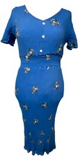 Kindred Anthropologie Blue Crinkle Midi Dress Floral Embroidered Boho Large