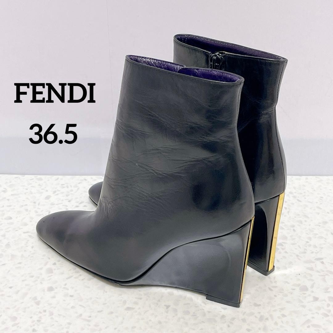 Rare FENDI Black Leather Wedge Heel Ankle Boots Women's Size EU36.5 US6.5