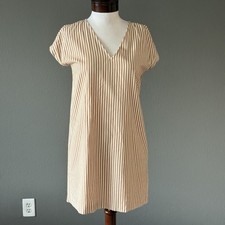 Madewell Beige white Button back Stripe dress Sz XS Minimalist Clean girl Fall