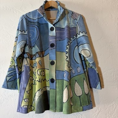 Damee XL Abstract Art Jacket Blue Green Wired Collar Pockets Korea