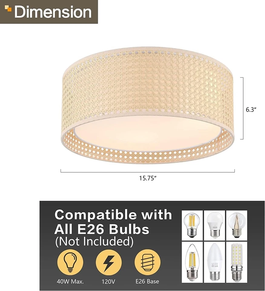 Nuevo WINGBO 20" Lámpara de Techo Montaje Al Ras Tela Ratán Doble Tambor  Foto 4 de 4