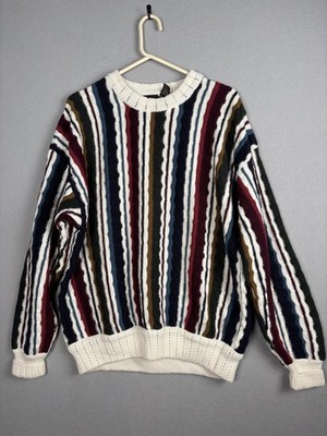 Vintage Structure Sweater Mens Large Multicolor Striped Textured 100% Cotton 90s