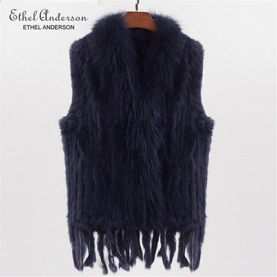 Gestrickte Weste Damen aus Kaninchenfell - Gilet Fun Lucky Pelzmantel Echt Pelz