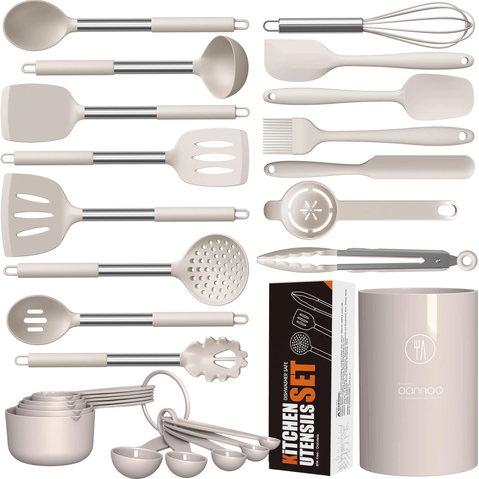 Large Silicone Cooking Utensils Set - Heat Resistant Kitchen Large, Khaki