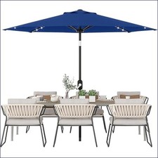 9 Ft Patio Market Umbrella Outdoor Tilt Crank Table Umbrella with Solar Lights