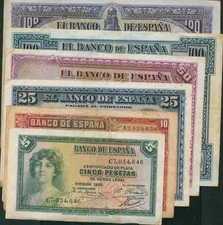 SPAIN GREAT SET. 6 DIFF NOTES REPUBLICA 1925-1935. VF CONDITION. LOW START. 24e8