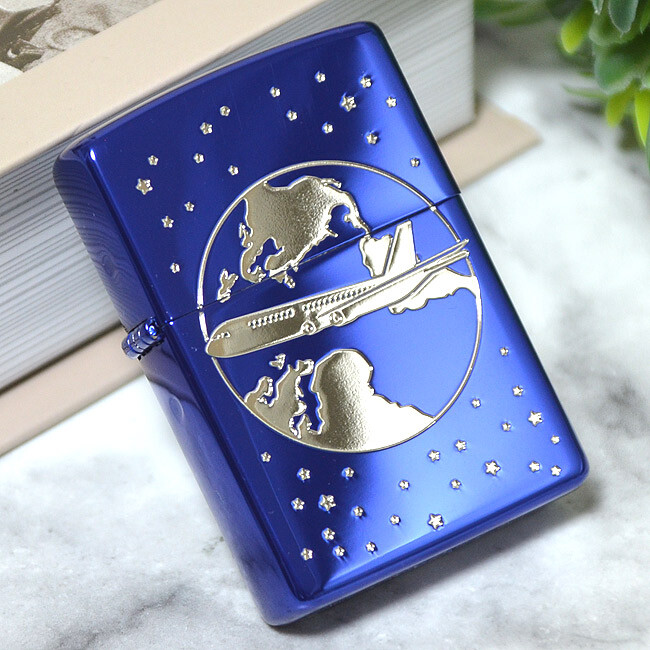 Zippo Jumbo Jet Plane Earth Universe Starry Sky Blue Silver Oil