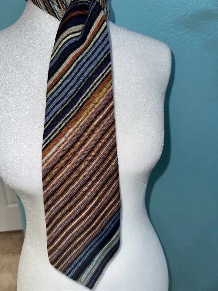 Италия Missoni винтажный галстук 57» шерсти полоски синий коричневый ржавчины зеленый - Изображение 2 из 4