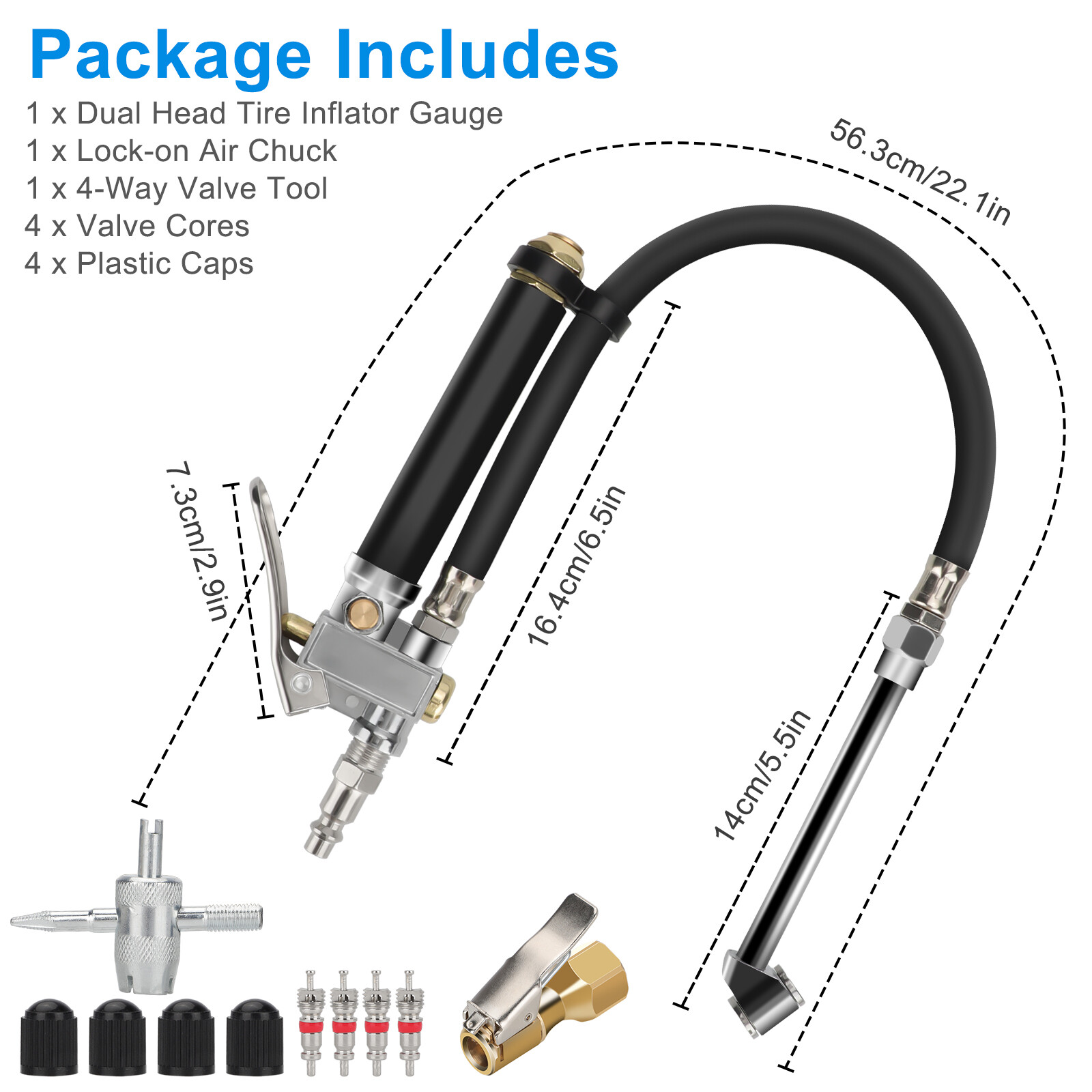 Dual Head Tire Inflator Air Pressure Gauge with Lock on Air Chuck for Car Truck