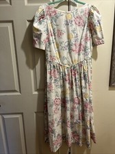 Vintage Laura Ashley Princess Tea Length Dress Ivory Pink Floral Puff Sleeves 12