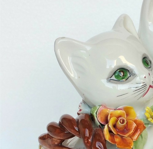 Statuina maiolica vintage gatto gattino fiori cesto dipinto a mano Italia firmata - Foto 10 di 12