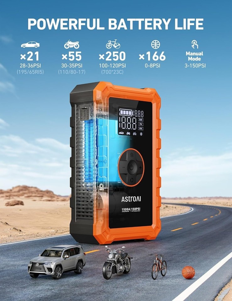AstroAI S8 Pro Avviatore Portatile 3000A Per Auto - Power Bank 44,4Wh, Booster 12V Per Benzina (9L) E Diesel (7L), Impermeabile IP66