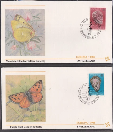 SWITZERLAND 1985 2 FLEETWOOD FIRST DAY COVERS EUROPA MUSIC + BUTTERFLY CACHET