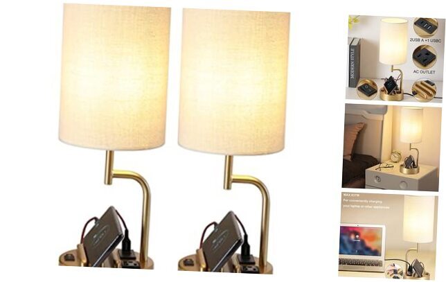 Table Lamp with 3 USB Charging Ports, Modern Desk Lamp with AC Outlet and Gold-image