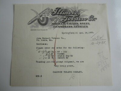 Old Vintage 1935 - ILLINOIS TOBACCO Co. - Springfield ILL. Letterhead  Document